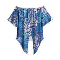 Blue Aloha Hawaiian Off Shoulder Wrap Waist Top Monstera Hibiscus Tropical Pattern LT19 Blue - Polynesian Pride