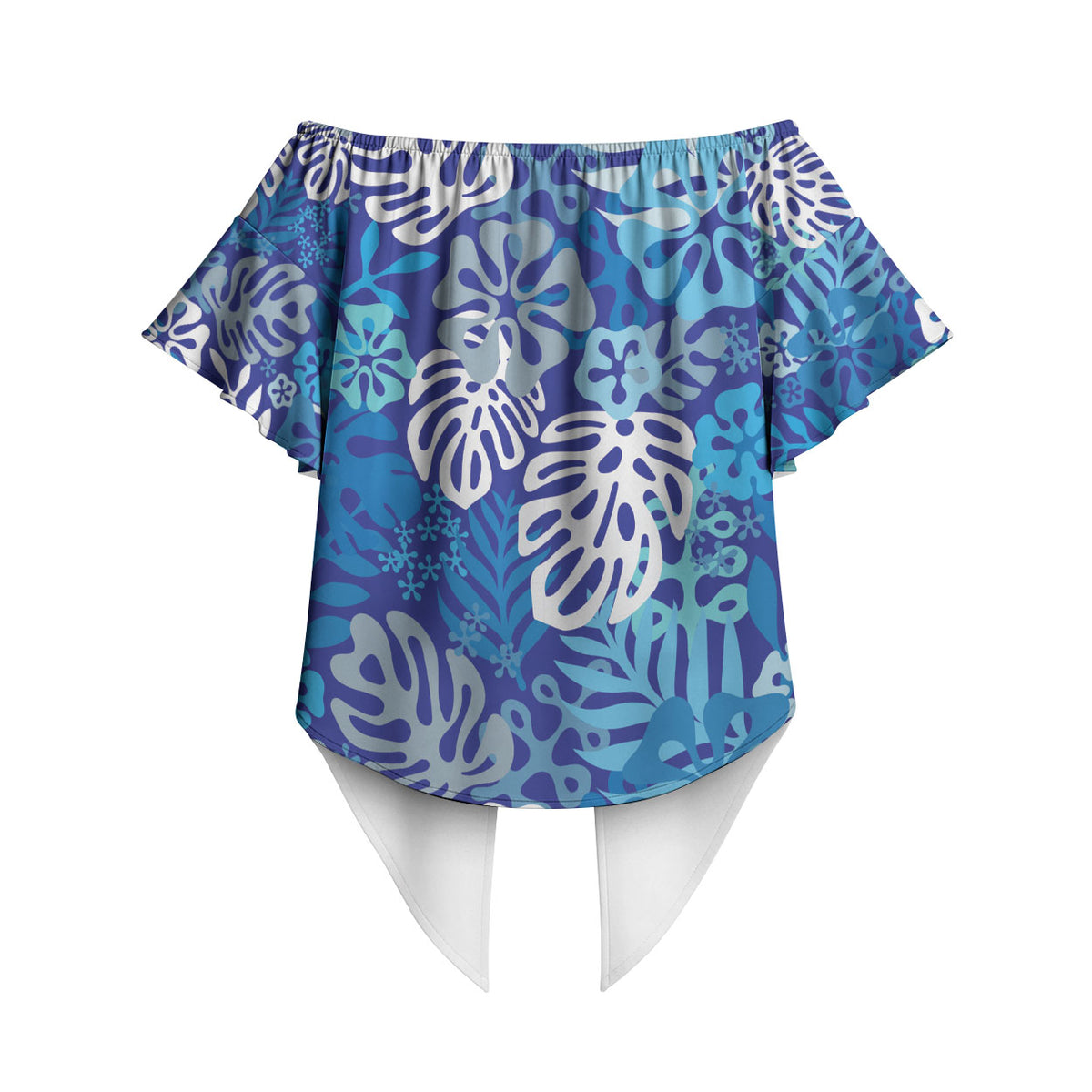 Blue Aloha Hawaiian Off Shoulder Wrap Waist Top Monstera Hibiscus Tropical Pattern LT19 - Polynesian Pride