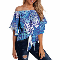Blue Aloha Hawaiian Off Shoulder Wrap Waist Top Monstera Hibiscus Tropical Pattern LT19 - Polynesian Pride