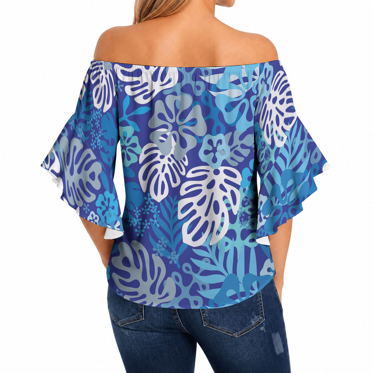 Blue Aloha Hawaiian Off Shoulder Wrap Waist Top Monstera Hibiscus Tropical Pattern LT19 - Polynesian Pride