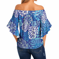 Blue Aloha Hawaiian Off Shoulder Wrap Waist Top Monstera Hibiscus Tropical Pattern LT19 - Polynesian Pride