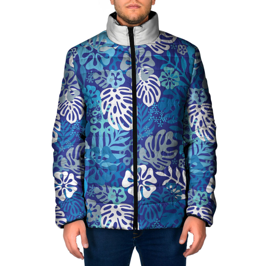 Blue Aloha Hawaiian Padded Jacket Monstera Hibiscus Tropical Pattern LT19 Men Blue - Polynesian Pride