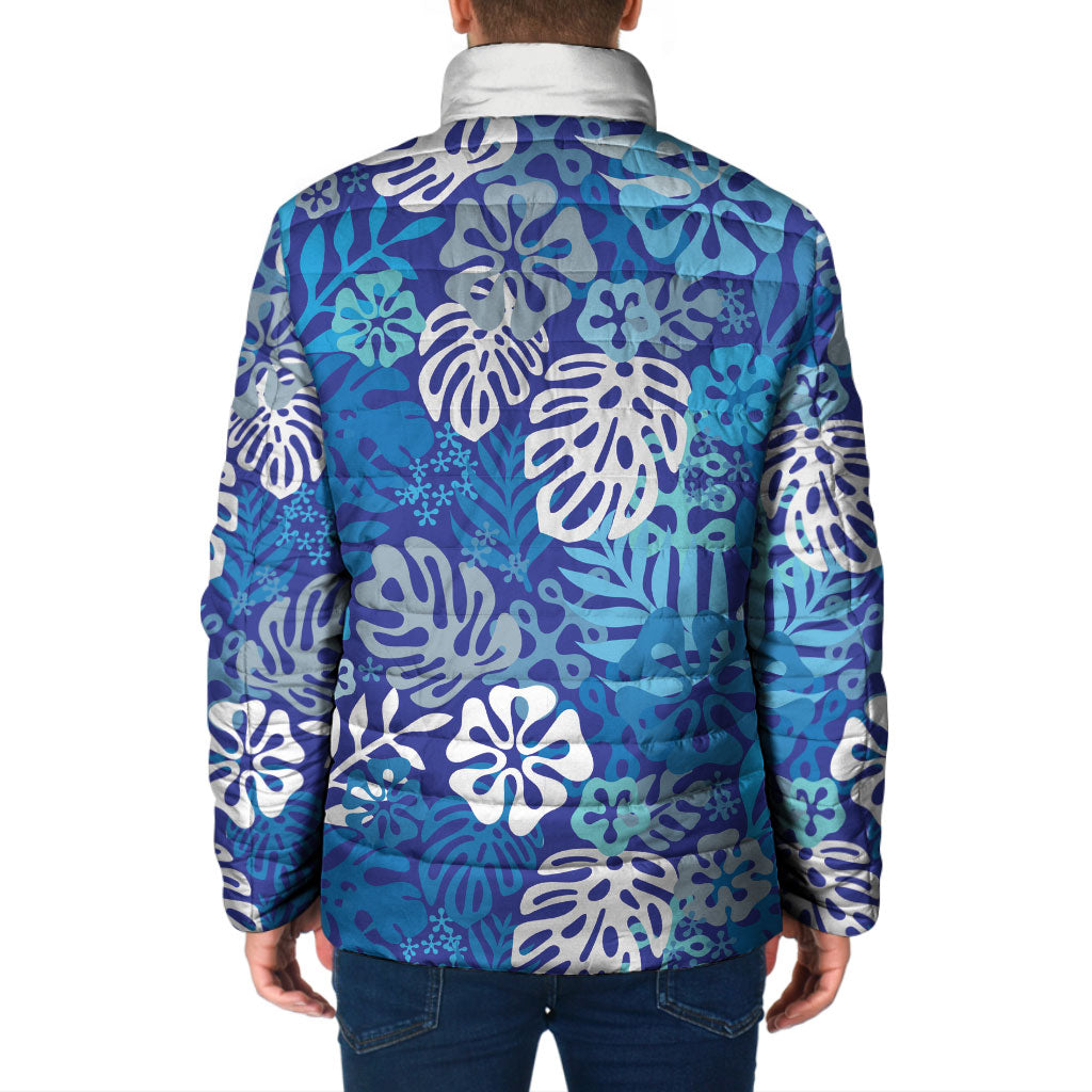 Blue Aloha Hawaiian Padded Jacket Monstera Hibiscus Tropical Pattern LT19 - Polynesian Pride