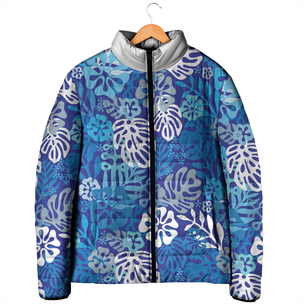Blue Aloha Hawaiian Padded Jacket Monstera Hibiscus Tropical Pattern LT19 - Polynesian Pride