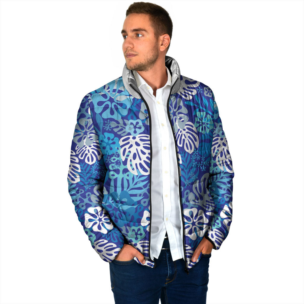 Blue Aloha Hawaiian Padded Jacket Monstera Hibiscus Tropical Pattern LT19 - Polynesian Pride