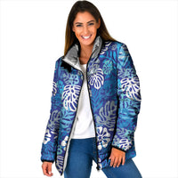Blue Aloha Hawaiian Padded Jacket Monstera Hibiscus Tropical Pattern LT19 Women Blue - Polynesian Pride