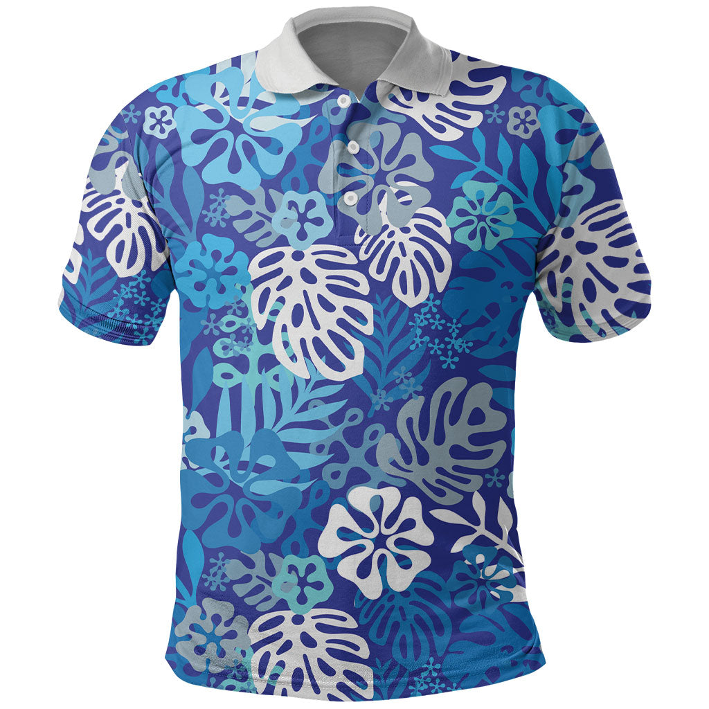 Blue Aloha Hawaiian Polo Shirt Monstera Hibiscus Tropical Pattern LT19 Blue - Polynesian Pride