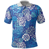 Blue Aloha Hawaiian Polo Shirt Monstera Hibiscus Tropical Pattern LT19 Blue - Polynesian Pride