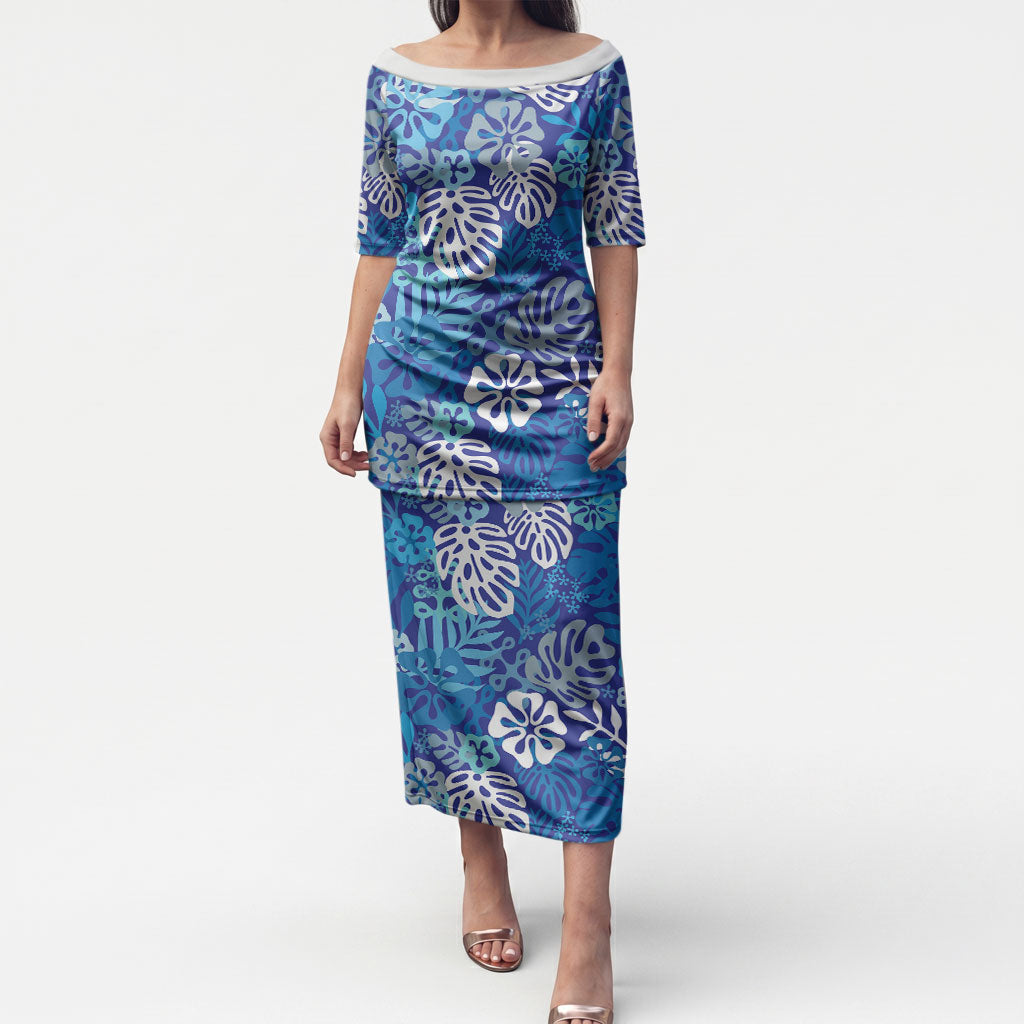 Blue Aloha Hawaiian Puletasi Monstera Hibiscus Tropical Pattern LT19 Long Dress Blue - Polynesian Pride