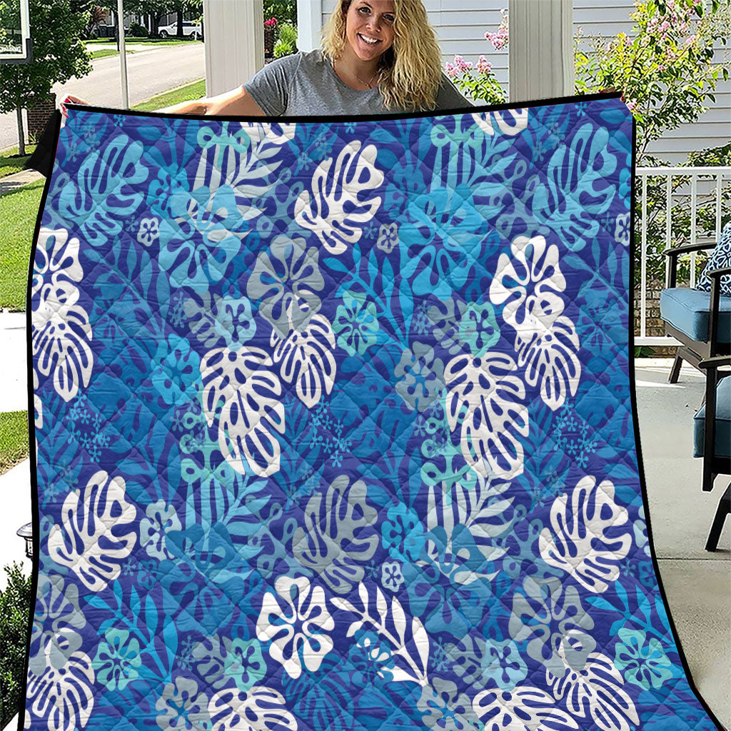 Blue Aloha Hawaiian Quilt Monstera Hibiscus Tropical Pattern LT19 Blue - Polynesian Pride