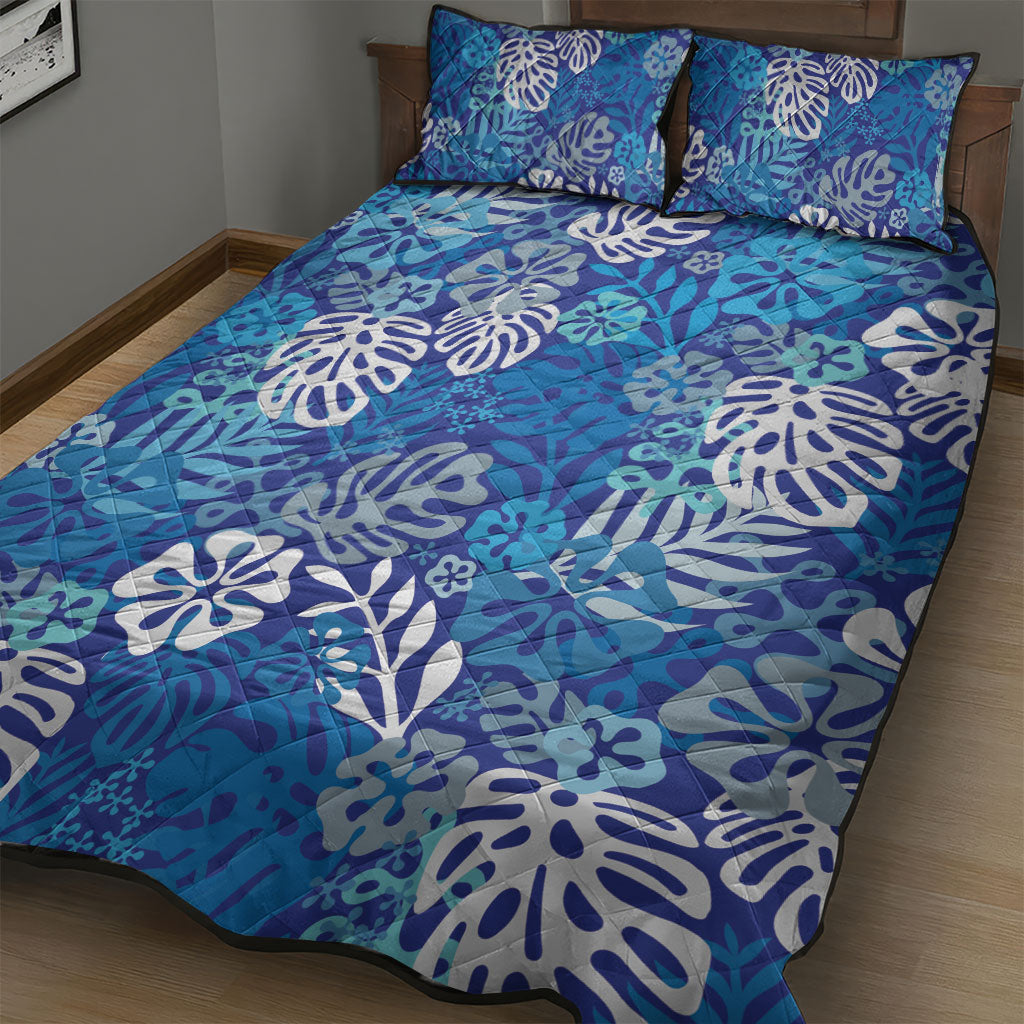 Blue Aloha Hawaiian Quilt Bed Set Monstera Hibiscus Tropical Pattern LT19 - Polynesian Pride