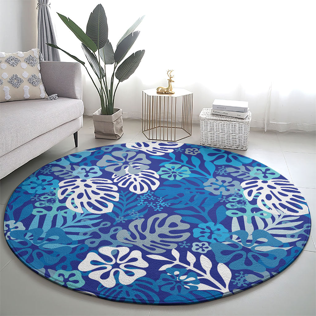Blue Aloha Hawaiian Round Carpet Monstera Hibiscus Tropical Pattern LT19 - Polynesian Pride