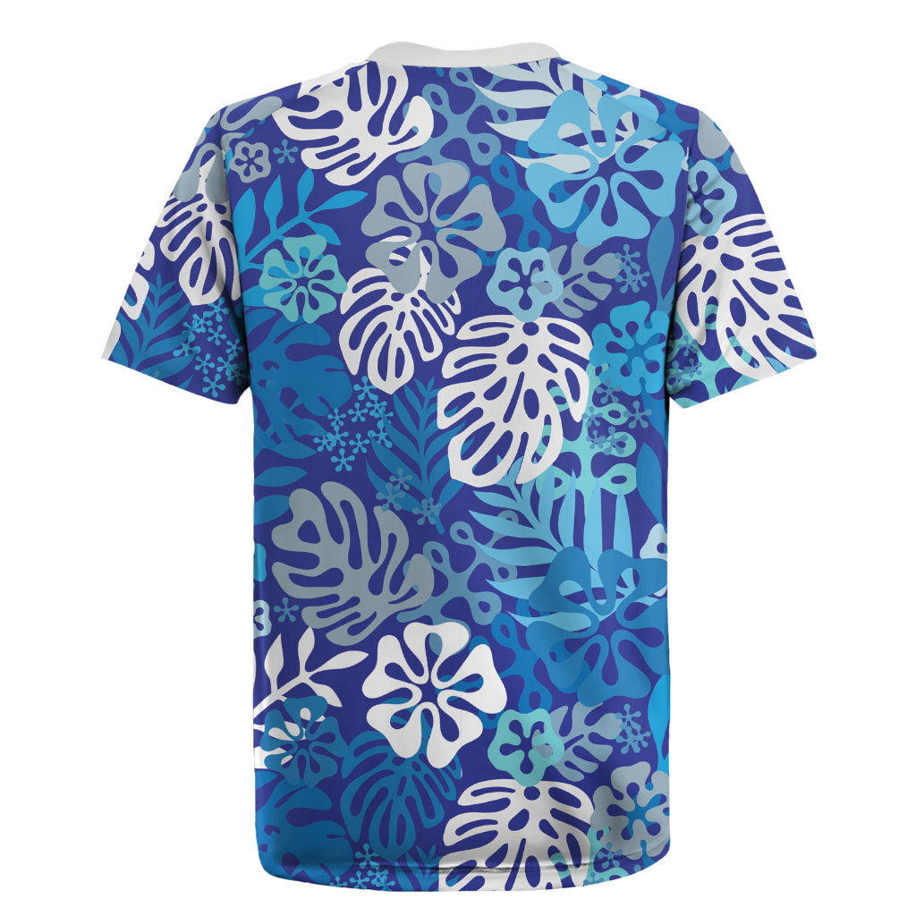 Blue Aloha Hawaiian Rugby Jersey Monstera Hibiscus Tropical Pattern LT19 - Polynesian Pride