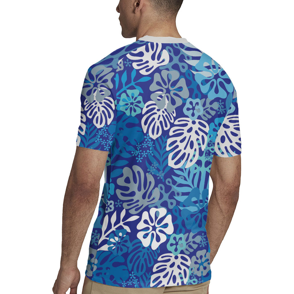 Blue Aloha Hawaiian Rugby Jersey Monstera Hibiscus Tropical Pattern LT19 - Polynesian Pride
