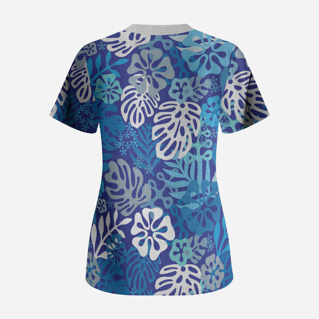 Blue Aloha Hawaiian Scrub Top Monstera Hibiscus Tropical Pattern LT19 - Polynesian Pride