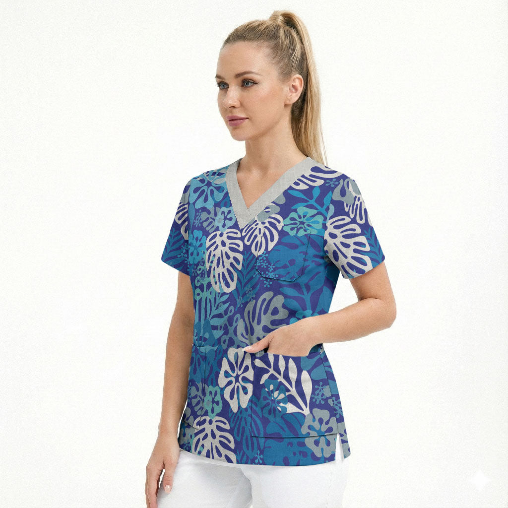 Blue Aloha Hawaiian Scrub Top Monstera Hibiscus Tropical Pattern LT19 - Polynesian Pride