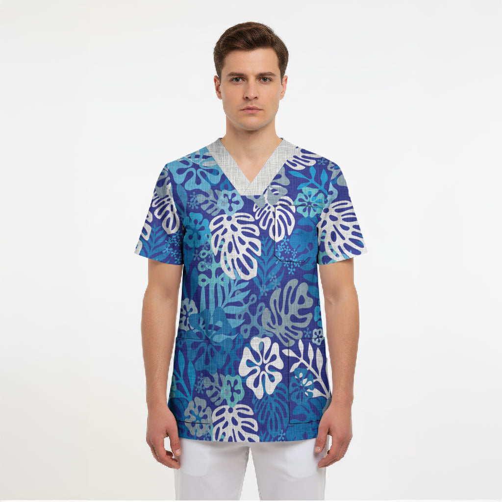 Blue Aloha Hawaiian Scrub Top Monstera Hibiscus Tropical Pattern LT19 - Polynesian Pride