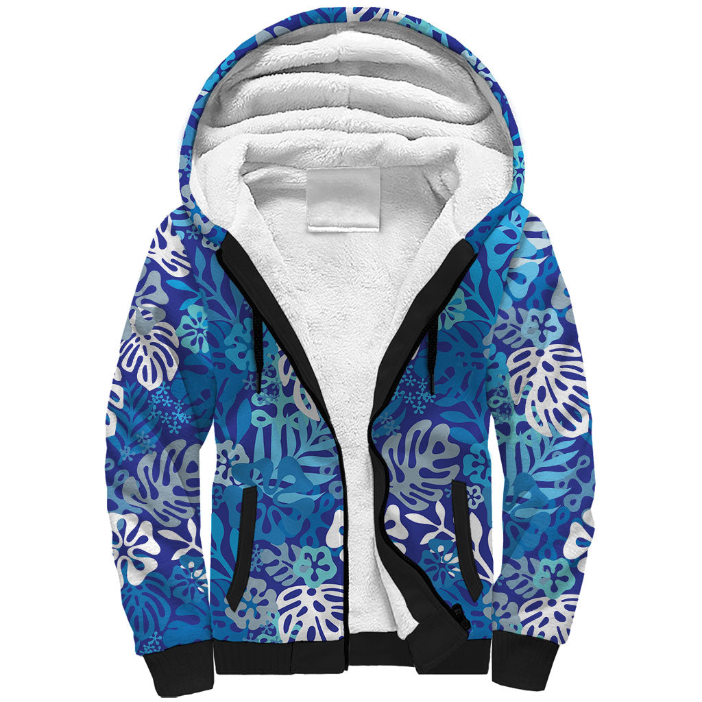 Blue Aloha Hawaiian Sherpa Hoodie Monstera Hibiscus Tropical Pattern LT19 Unisex Blue - Polynesian Pride