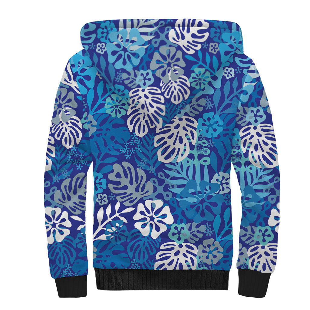 Blue Aloha Hawaiian Sherpa Hoodie Monstera Hibiscus Tropical Pattern LT19 - Polynesian Pride