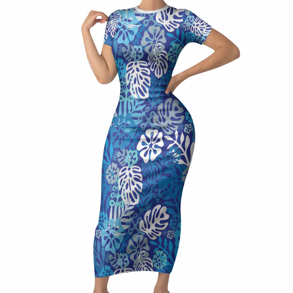 Blue Aloha Hawaiian Short Sleeve Bodycon Dress Monstera Hibiscus Tropical Pattern LT19 Long Dress Blue - Polynesian Pride