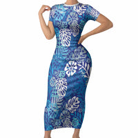 Blue Aloha Hawaiian Short Sleeve Bodycon Dress Monstera Hibiscus Tropical Pattern LT19 Long Dress Blue - Polynesian Pride