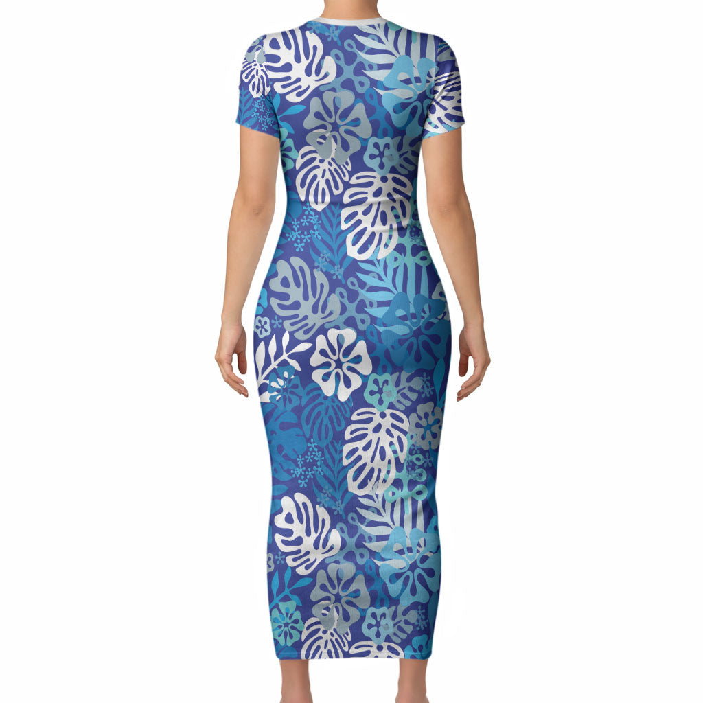 Blue Aloha Hawaiian Short Sleeve Bodycon Dress Monstera Hibiscus Tropical Pattern LT19 - Polynesian Pride