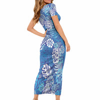 Blue Aloha Hawaiian Short Sleeve Bodycon Dress Monstera Hibiscus Tropical Pattern LT19 - Polynesian Pride