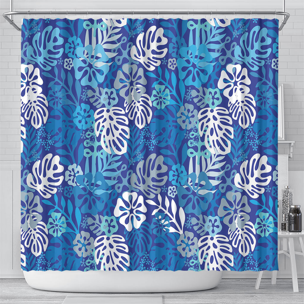 Blue Aloha Hawaiian Shower Curtain Monstera Hibiscus Tropical Pattern LT19 - Polynesian Pride