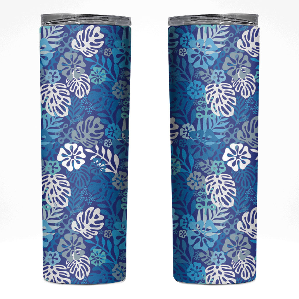 Blue Aloha Hawaiian Skinny Tumbler Monstera Hibiscus Tropical Pattern LT19 Blue - Polynesian Pride