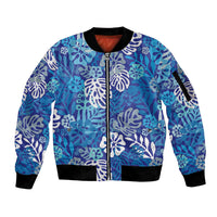 Blue Aloha Hawaiian Sleeve Zip Bomber Jacket Monstera Hibiscus Tropical Pattern LT19 Unisex Blue - Polynesian Pride