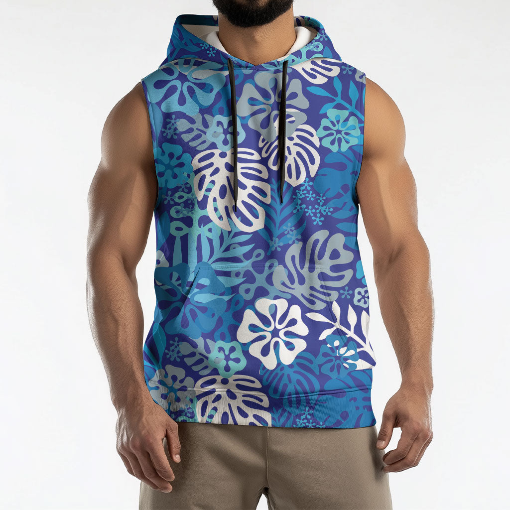 Blue Aloha Hawaiian Sleeveless Hoodie Monstera Hibiscus Tropical Pattern LT19 - Polynesian Pride