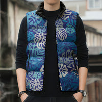 Blue Aloha Hawaiian Sleeveless Puffer Jacket Monstera Hibiscus Tropical Pattern LT19 - Polynesian Pride