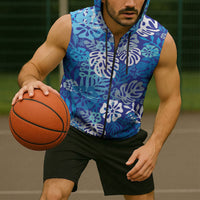 Blue Aloha Hawaiian Sleeveless Zip Hoodie Monstera Hibiscus Tropical Pattern LT19 - Polynesian Pride