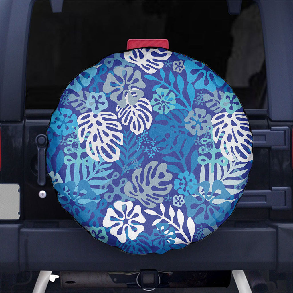 Blue Aloha Hawaiian Spare Tire Cover Monstera Hibiscus Tropical Pattern LT19 No hole Blue - Polynesian Pride