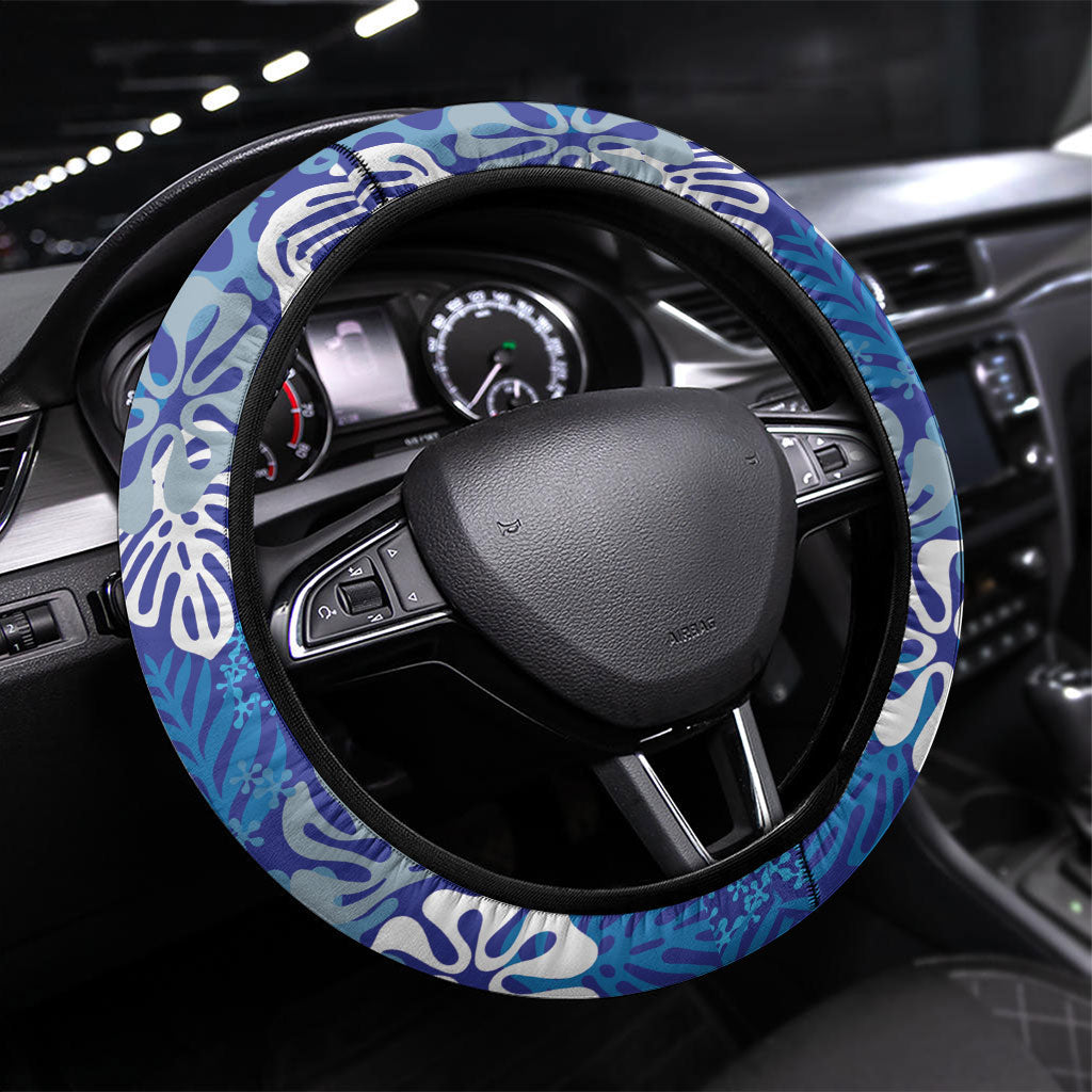 Blue Aloha Hawaiian Steering Wheel Cover Monstera Hibiscus Tropical Pattern LT19 Universal Fit Blue - Polynesian Pride