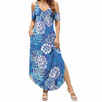 Blue Aloha Hawaiian Summer Maxi Dress Monstera Hibiscus Tropical Pattern LT19 Women Blue - Polynesian Pride
