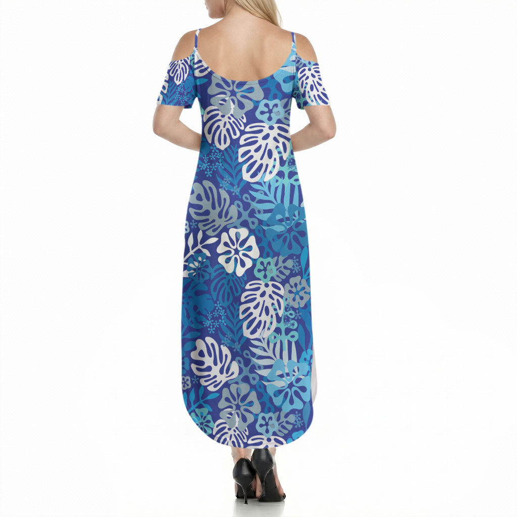 Blue Aloha Hawaiian Summer Maxi Dress Monstera Hibiscus Tropical Pattern LT19 - Polynesian Pride