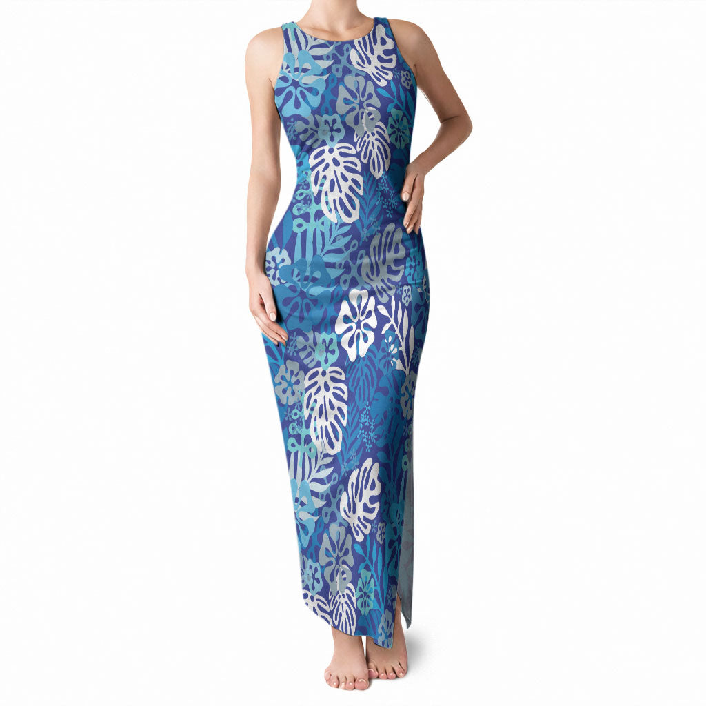 Blue Aloha Hawaiian Tank Maxi Dress Monstera Hibiscus Tropical Pattern LT19 Women Blue - Polynesian Pride