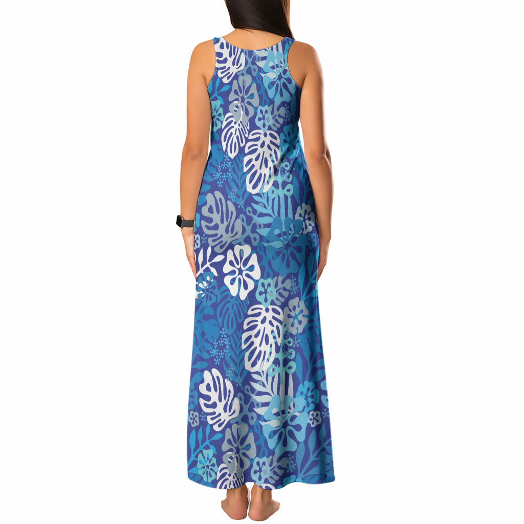 Blue Aloha Hawaiian Tank Maxi Dress Monstera Hibiscus Tropical Pattern LT19 - Polynesian Pride