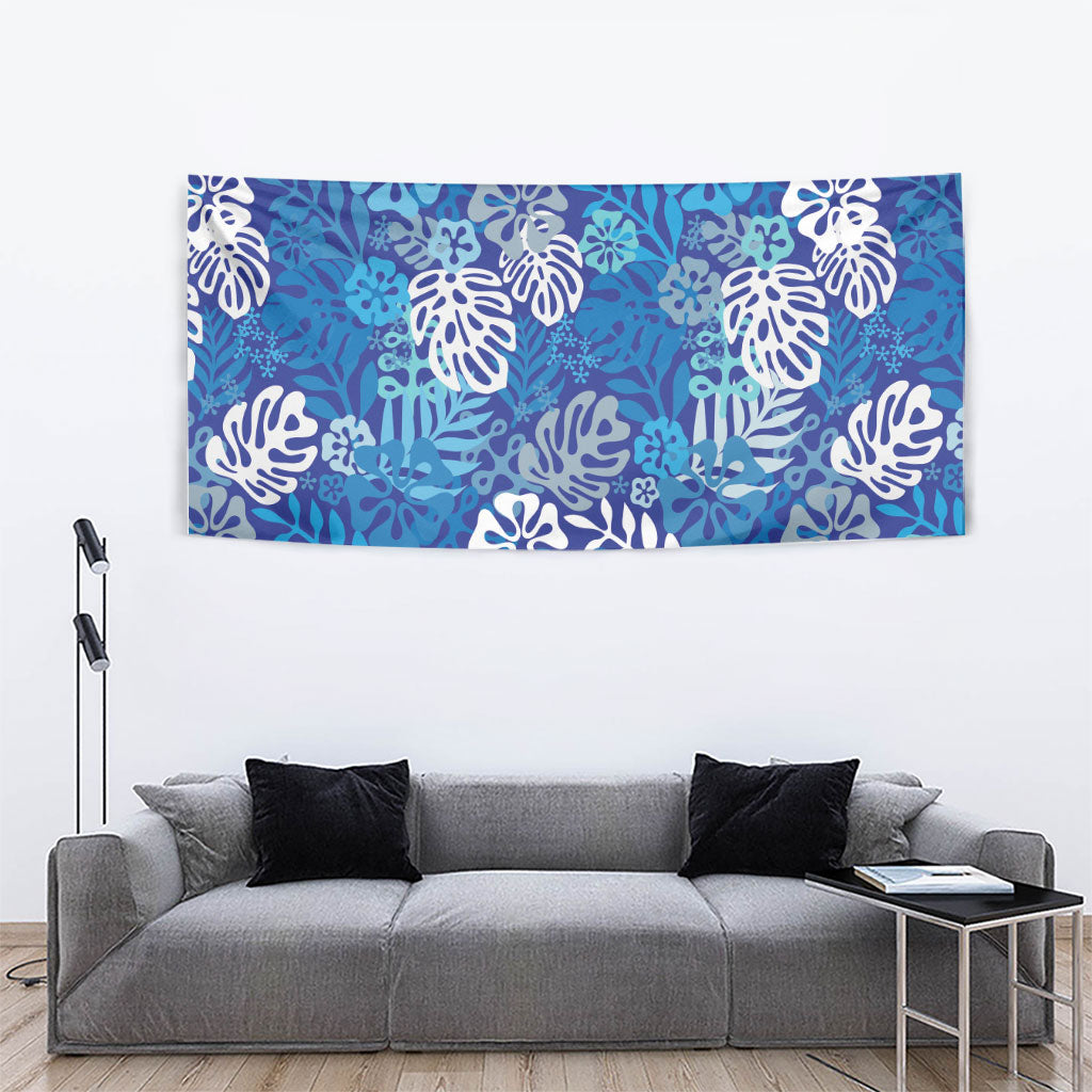 Blue Aloha Hawaiian Tapestry Monstera Hibiscus Tropical Pattern LT19 - Polynesian Pride