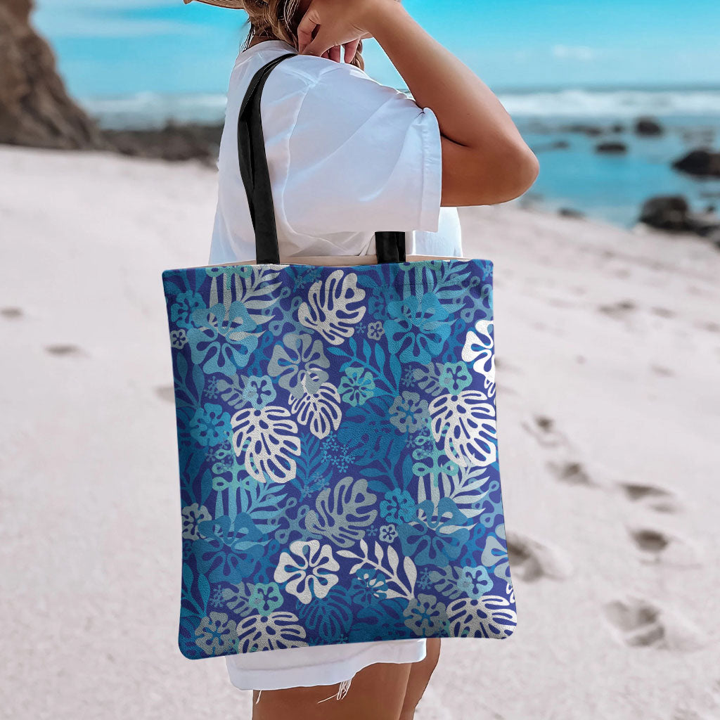 Blue Aloha Hawaiian Tote Bag Monstera Hibiscus Tropical Pattern LT19 - Polynesian Pride