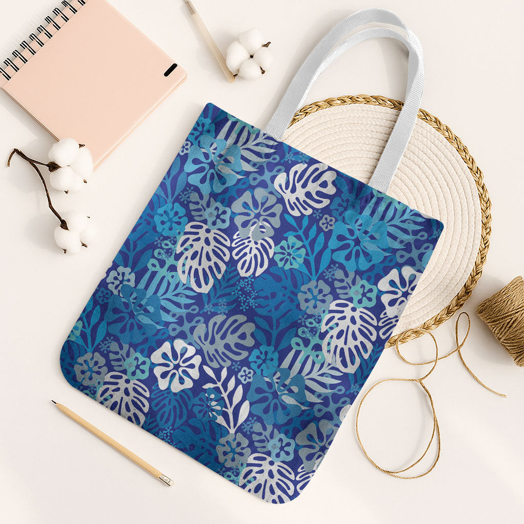 Blue Aloha Hawaiian Tote Bag Monstera Hibiscus Tropical Pattern LT19 White Strap One Size Blue - Polynesian Pride