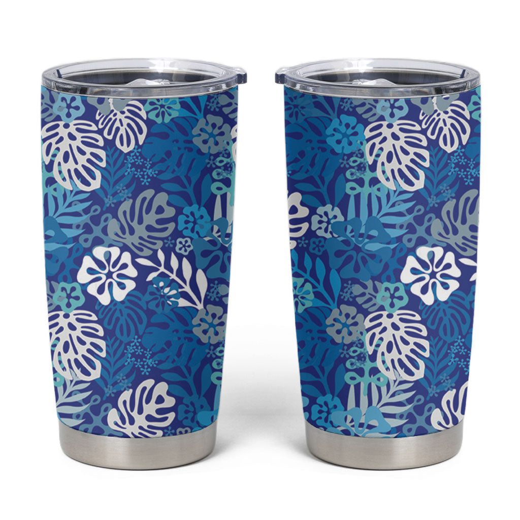 Blue Aloha Hawaiian Tumbler Cup Monstera Hibiscus Tropical Pattern LT19 Blue - Polynesian Pride