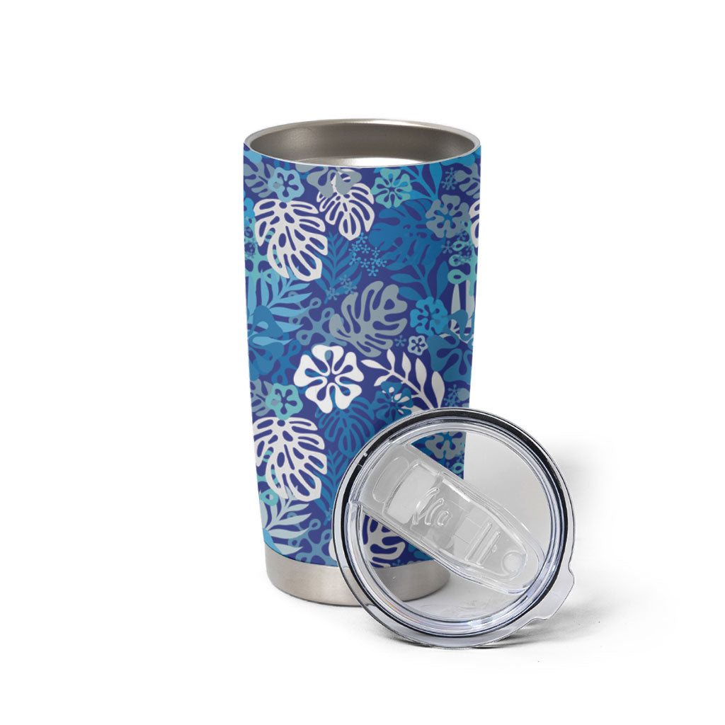 Blue Aloha Hawaiian Tumbler Cup Monstera Hibiscus Tropical Pattern LT19 - Polynesian Pride