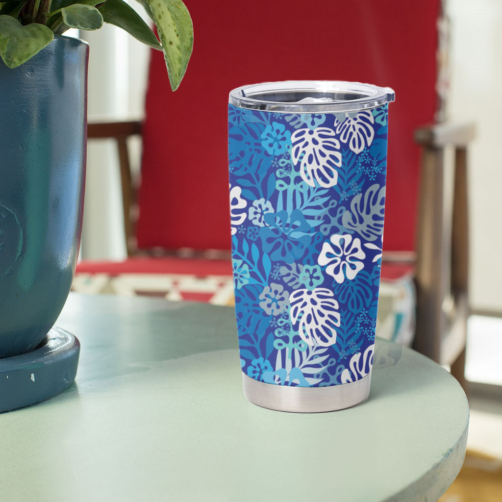 Blue Aloha Hawaiian Tumbler Cup Monstera Hibiscus Tropical Pattern LT19 - Polynesian Pride