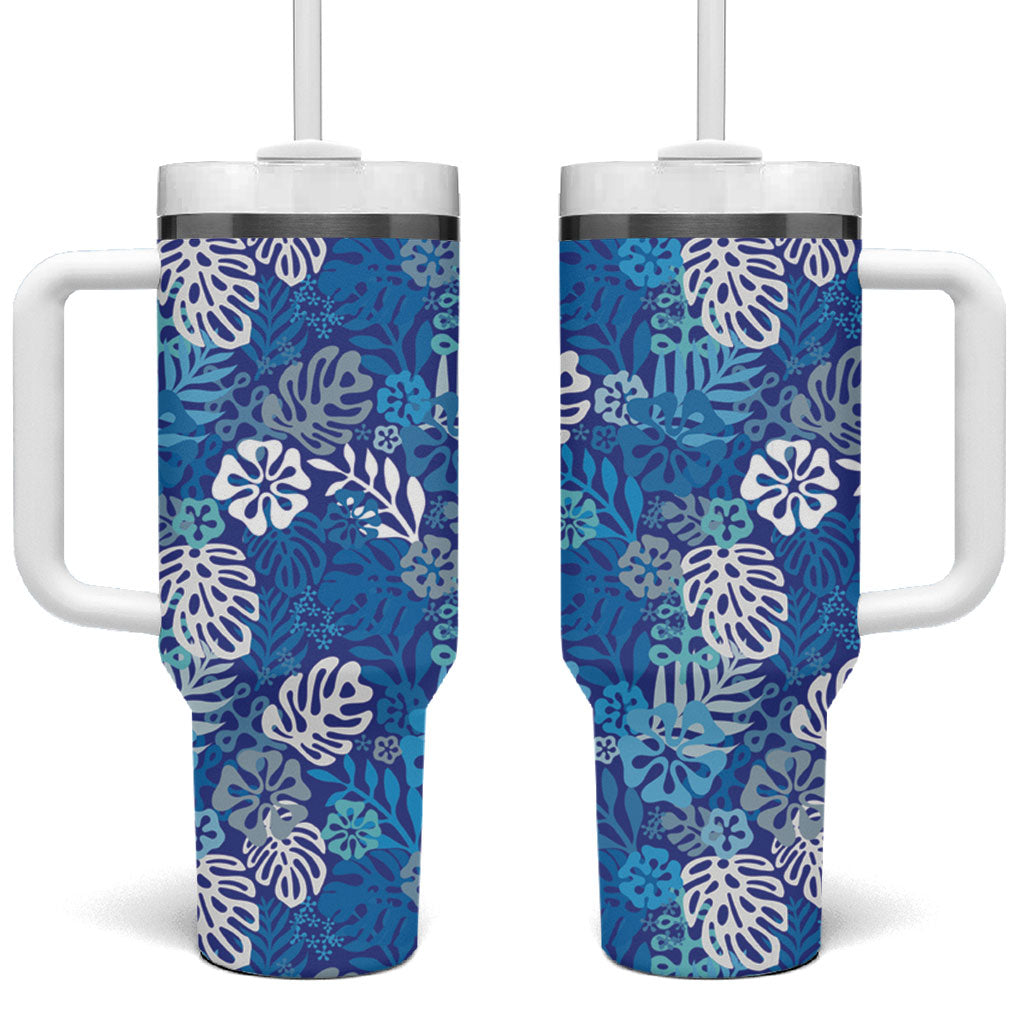 Blue Aloha Hawaiian Tumbler With Handle Monstera Hibiscus Tropical Pattern LT19 One Size: 40 oz Blue - Polynesian Pride