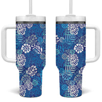 Blue Aloha Hawaiian Tumbler With Handle Monstera Hibiscus Tropical Pattern LT19 One Size: 40 oz Blue - Polynesian Pride