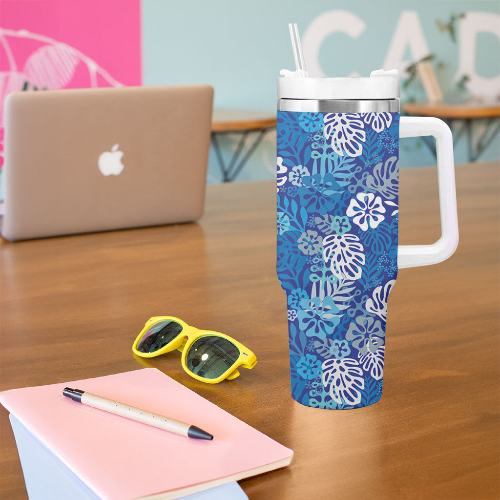 Blue Aloha Hawaiian Tumbler With Handle Monstera Hibiscus Tropical Pattern LT19 - Polynesian Pride
