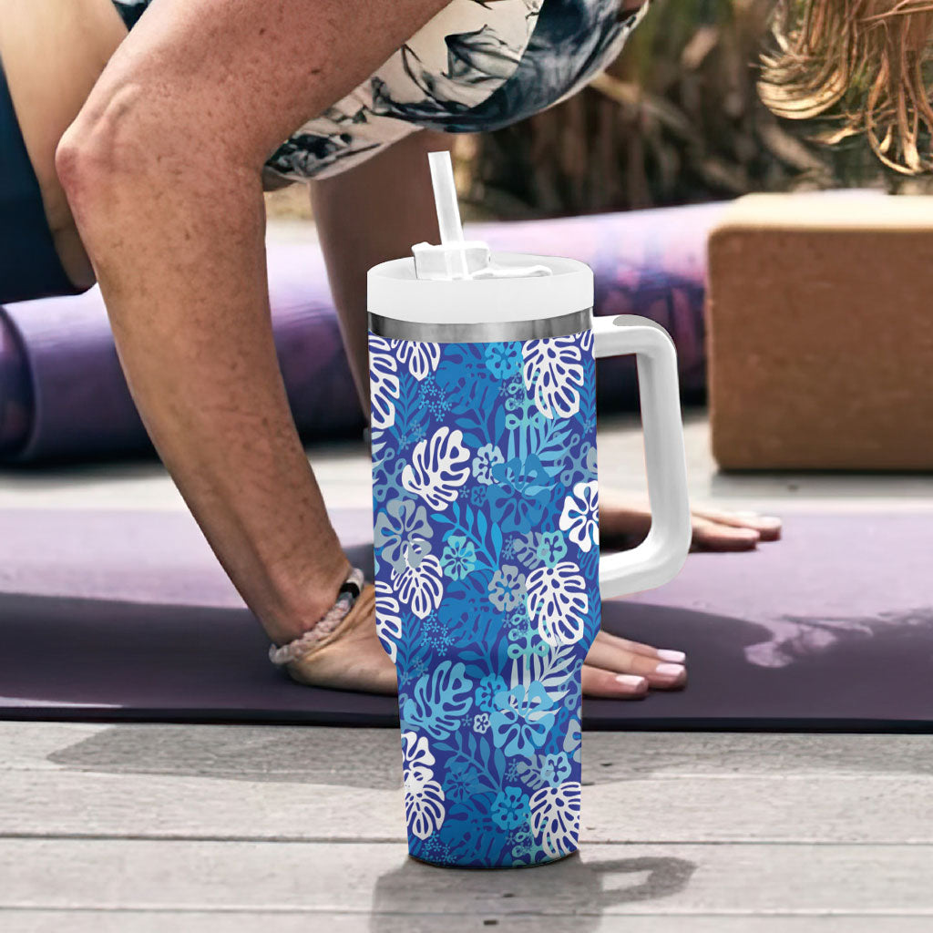 Blue Aloha Hawaiian Tumbler With Handle Monstera Hibiscus Tropical Pattern LT19 - Polynesian Pride