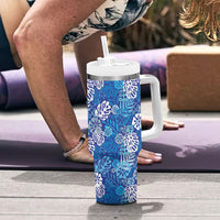Blue Aloha Hawaiian Tumbler With Handle Monstera Hibiscus Tropical Pattern LT19 - Polynesian Pride